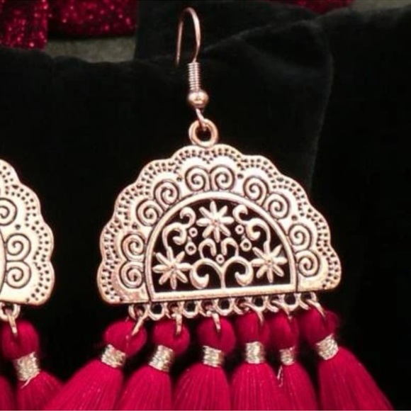 Bohemian Rose Gold Red Tassel Earrings - Picture 4 of 5
